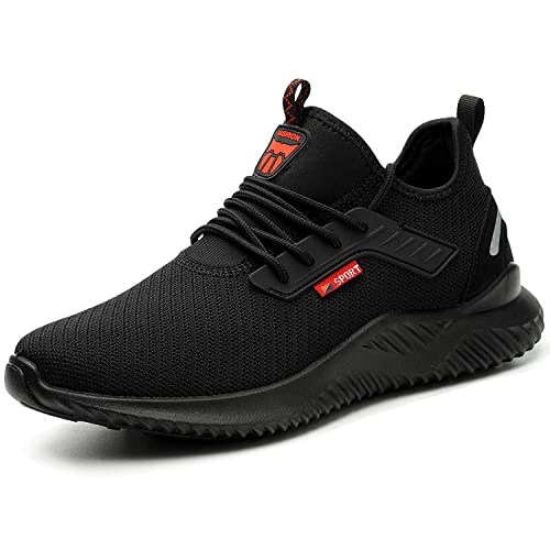 Calish Sicherheitsschuhe Herren Damen Arbeitsschuhe Leicht Stahlkappenschuhe Sportlich rutschfeste Atmungsaktiv Schutzschuhe Stahlkappe Sneaker Schwarz, 48 EU von Calish