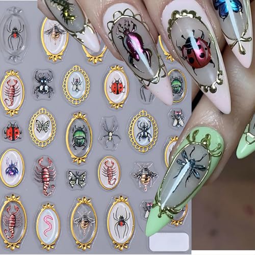 Calkkrer 2 Stück Frühlings-Sommer Nagel Aufkleber, 5D Embossed Insekten Design, Skorpion Spinne Biene Goldener Rand, Selbstklebend Nageldeko für Frauen DIY Maniküre von Calkkrer