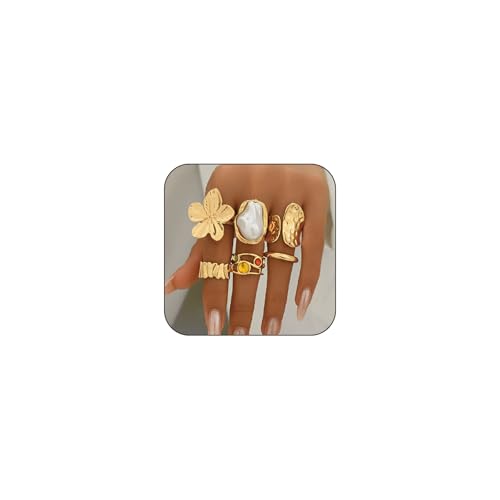 Calkkrer 6 Stück Set Retro Metall Blumen & Kristallringe, Faux-Perlen Verzierung, Einzel- oder Stacking-Trageweise, Geeignet für Damen Alltagsoutfit, Feiern, Partys Calkkrer 6 Stück Set Retro Metall Blumen & Kristallringe, Faux-Perlen Verzierung, Einzel- oder Stacking-Trageweise, Geeignet für Damen Alltagsoutfit, Feiern, Partys von Calkkrer
