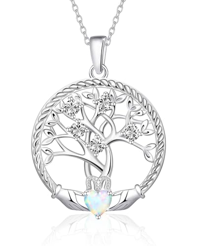 Baum des Lebens Halskette Damen 925 Sterling Silber Lebensbaum Anhänger Kette Mit Opal Geburtsstein Geburtstag Jahrestag Schmuck Geschenk für Damen Mädchen Freundin Mutter Stammbaum Anhaenger Kette von Calliora