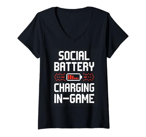 Damen Social Battery Gamer Pixel Charging Graphic T-Shirt mit V-Ausschnitt von Calm Gamer Energy Mode Pixel Design