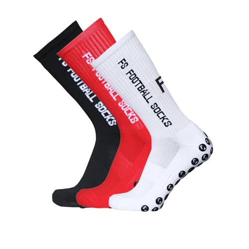 CalmGeek Fußballsocken Sportsocken mit Noppen 3 Paar Grip Socken Fussball Größe 39-46, Sport Laufsocken Kompressionsstretch für Basketball Hockey Laufen Bergsteigen Marathons, Schwarz + Rot + Weiß von CalmGeek