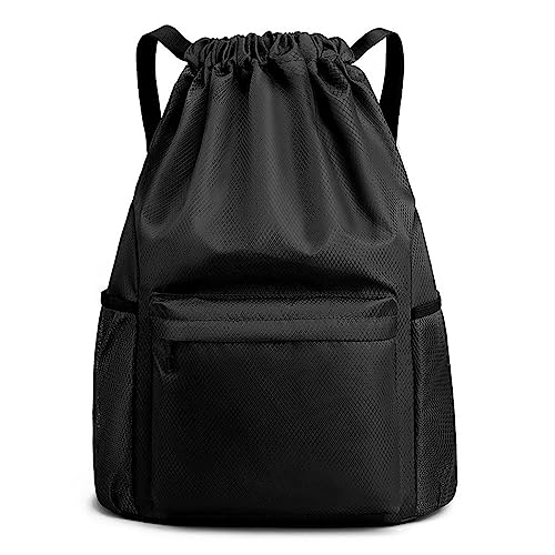 CalmGeek Rucksäcke, Sport Rucksack mit Kordelzug String Bag, Kordelzug Bags Rucksäcke Wasserdicht Sport Rucksäcke Gym Bag für Gym Reisen Schwimmen und verschiedene Aktivitäten (Schwarz) von CalmGeek