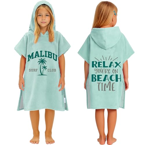 CalmyBEACH Badeponcho Kinder Poncho Handtuch - Mädchen Jungen Surf Frottee Bademantel Badetuch Baumwolle Strandponcho Surfponcho Kapuzenhandtuch 4-7 Jahre Malibu Mint von CalmyBEACH
