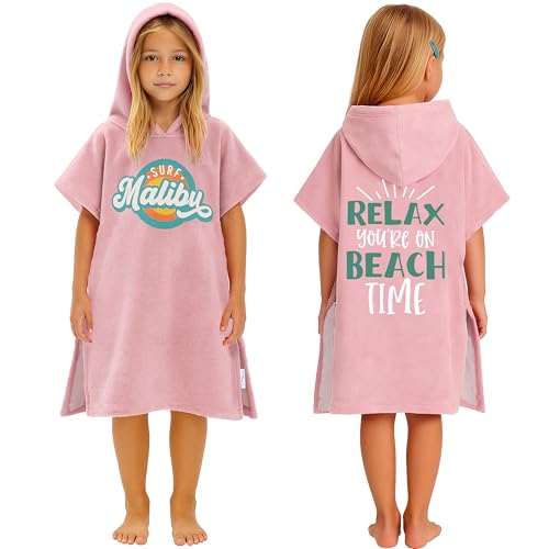 CalmyBEACH Badeponcho Kinder Poncho Handtuch - Mädchen Jungen Surf Frottee Bademantel Badetuch Baumwolle Strandponcho Surfponcho Kapuzenhandtuch 4-7 Jahre Malibu Rosa von CalmyBEACH