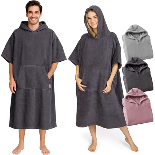 CalmyBEACH Frottee Badeponcho Damen Herren - Strandponcho 100% Baumwolle Surf Poncho Erwachsene Handtuch Kapuze Bade Surfponcho Bademantel (Anthrazit, L/XL) von CalmyBEACH