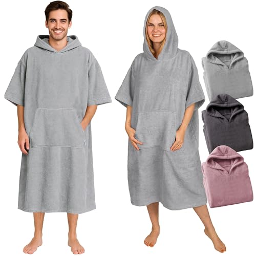 CalmyBEACH Frottee Badeponcho Damen Herren - Strandponcho 100% Baumwolle Surf Poncho Erwachsene Handtuch Kapuze Bade Surfponcho Bademantel (Grau, S/M) von CalmyBEACH