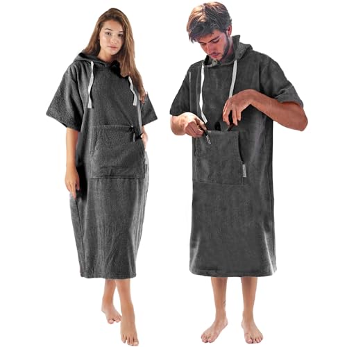 CalmyBEACH Frottee Badeponcho Damen Herren - Surf Poncho 100% Baumwolle Strandponcho mit Reißverschlussfach Kapuze Umziehhilfe Strand Bademantel (L-XL, Anthrazit) von CalmyBEACH
