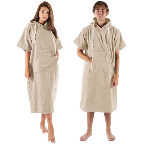 CalmyBEACH Frottee Badeponcho Damen Herren - Surf Poncho 100% Baumwolle Strandponcho mit Reißverschlussfach Kapuze Umziehhilfe Strand Bademantel (L-XL, Beige) von CalmyBEACH