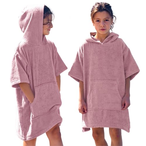 CalmyBEACH Frottee Badeponcho Mädchen Jungen - Kinder Surf Poncho 100% Baumwolle Strandponcho Handtuch mit Kapuze Umziehhilfe Surfponcho Bademantel (Alter, 10-13, Altrose) von CalmyBEACH