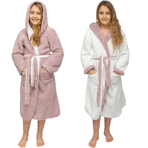 CalmyLIFE Bademantel Kinder Mädchen Jungen - mit Wendefunktion und Kapuze Teenager kuschelige Bademäntel für Jungs Kinderbademantel (146/152 Altrose/Weiss) von CalmyLIFE