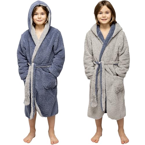 CalmyLIFE Bademantel Kinder Mädchen Jungen - mit Wendefunktion und Kapuze Teenager kuschelige Bademäntel für Jungs Kinderbademantel (146/152 Dunkelblau/Hellgrau) von CalmyLIFE