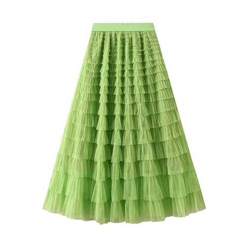 Caloter Damen Tüll-Midirock, elastisch, hohe Taille, geschichtet, plissiert, Netzstoff, fließend, A-Linie, Abschlussball, Party, langes Tutu, #28, fluoreszierendes Grün, Einheitsgröße von Caloter