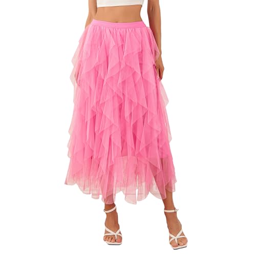 Caloter Damen Tüllrock Elastische Taille Fee Mesh Layered Tutu Rock High Low Unregelmäßige Abschlussball Party A-Linie Rock, #16 - Rosarot, 44 von Caloter