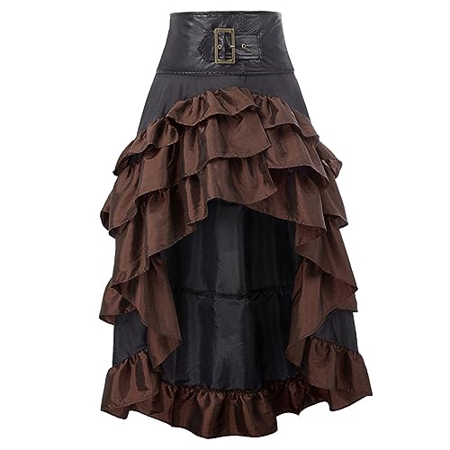 Damen Vintage Gothic Viktorianischer Rock High-Low Rüschen Mittelalter Renaissance Gürtel Rock Steampunk Kostüme, A-braun, 52 von Caloter