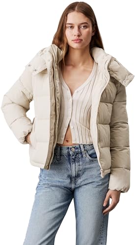 Calvin Klein Damen Pufferjacke Matte Short Puffer mit Kapuze, Beige (Pelican), L von Calvin Klein