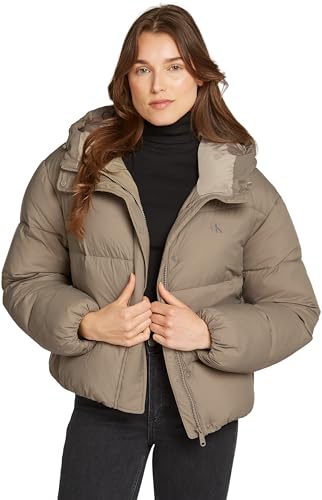 Calvin Klein Damen Pufferjacke Short Hooded Puffer mit Kapuze, Beige (Brindle), L von Calvin Klein