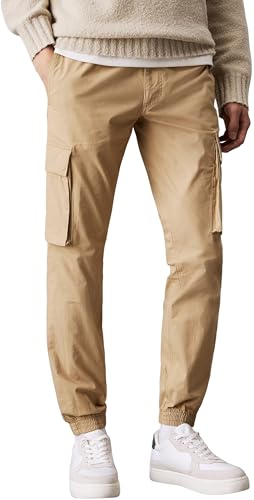 Calvin Klein Herren Cargo Hose Skinny Fit mit Taschen, Beige (Travertine), 36W von Calvin Klein