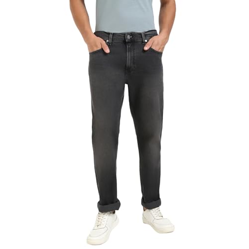 Calvin Klein Herren Jeans Hose Straight Slim Fit, Schwarz (Denim Black), 31W/32L von Calvin Klein