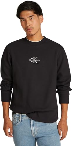 Calvin Klein Herren Sweatshirt Monologo Waffle Rundhalsausschnitt, Schwarz (Ck Black), XS von Calvin Klein
