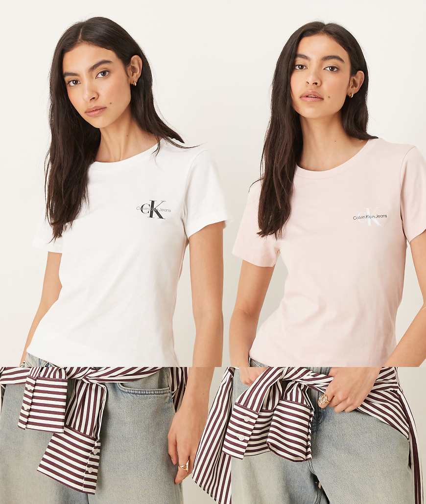 Calvin Klein Jeans - 2er-Pack Slim Fit T-Shirts in Rosa und Weiß mit Monogramm-Logo-Bunt Calvin Klein Jeans - 2er-Pack Slim Fit T-Shirts in Rosa und Weiß mit Monogramm-Logo-Bunt von Calvin Klein Jeans
