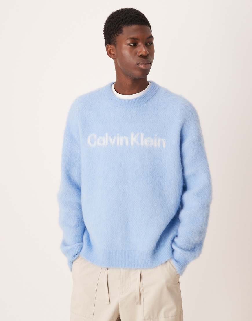 Calvin Klein Jeans - Angerauter Pullover aus Alpakawolle in Babyblau mit Logo von Calvin Klein Jeans