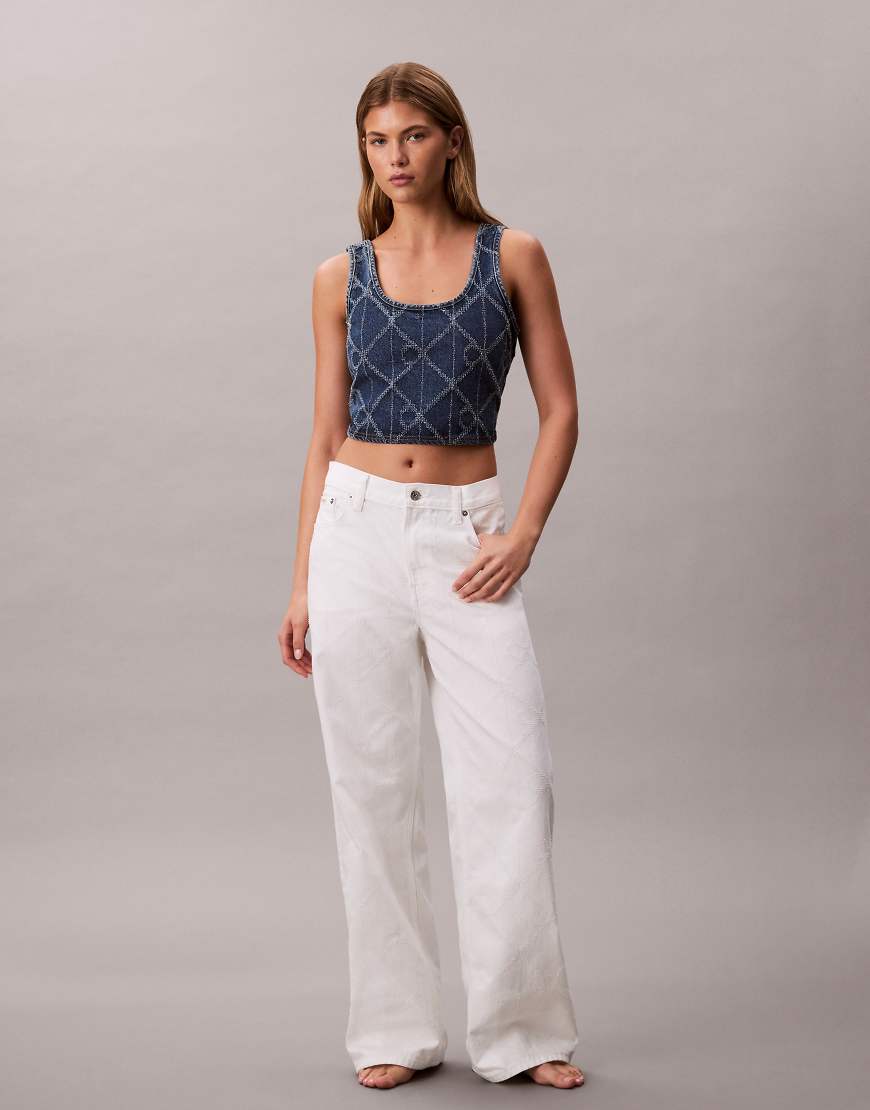 Calvin Klein Jeans - Baggy-Jeans in Ecru mit niedrigem Bund mit durchgehendem Lasercut-Logomuster-Neutral von Calvin Klein Jeans