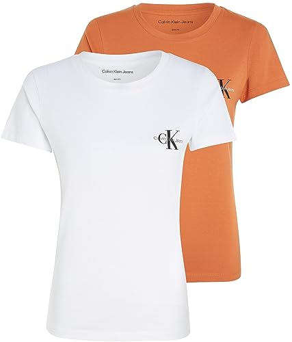 Calvin Klein Jeans Damen 2er Pack T-Shirts Kurzarm Monologo Slim Rundhalsausschnitt, Mehrfarbig (Bright White / Burnt Clay), XL von Calvin Klein Jeans