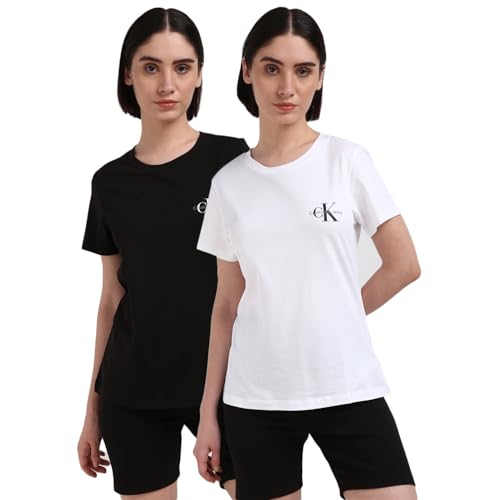 Calvin Klein Jeans Damen 2er Pack T-Shirts Kurzarm Monologo Slim Rundhalsausschnitt, Mehrfarbig (Ck Black/Bright White), XXS von Calvin Klein Jeans
