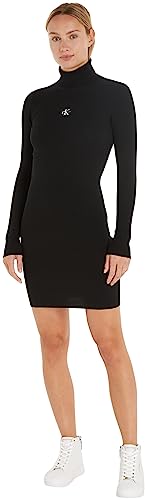 Calvin Klein Jeans Damen Pullover-Kleid Badge Roll Neck Langarm, Schwarz (Ck Black), L von Calvin Klein
