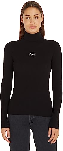 Calvin Klein Jeans Damen Pullover Badge Rollkragen, Schwarz (Ck Black), XS von Calvin Klein