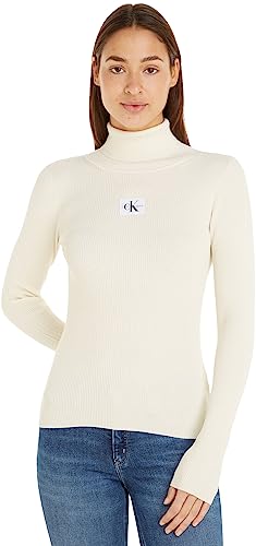 Calvin Klein Jeans Damen Pullover Badge Rollkragen, Weiß (Ivory), L von Calvin Klein Jeans