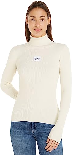 Calvin Klein Jeans Damen Pullover Badge Rollkragen, Weiß (Ivory), L von Calvin Klein