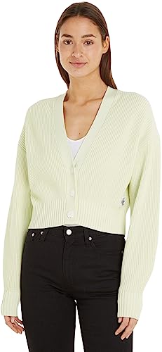 Calvin Klein Jeans Damen Cardigan Label Chunky Sweater Strickjacke, Grün (Canary Green), L von Calvin Klein Jeans