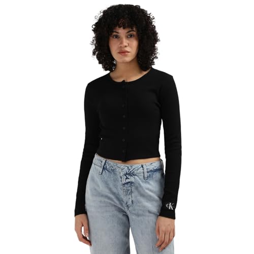 Calvin Klein Jeans Damen Cardigan Woven Label Rib Cardigan Dünn, Schwarz (Ck Black), XXL von Calvin Klein