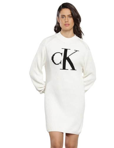 Calvin Klein Jeans Damen Pullover-Kleid Intarsia Loose Langarm, Weiß (Ivory), L von Calvin Klein Jeans