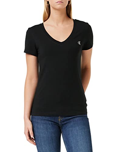 Calvin Klein Jeans Damen T-Shirt Kurzarm Ck Embroidery V-Ausschnitt, Schwarz (Ck Black), M von Calvin Klein