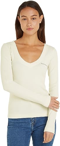 Calvin Klein Jeans Damen Langarmshirt Rib V-Neck Monologo Long Sleeve Basic, Weiß (Ivory), 3XL von Calvin Klein Jeans