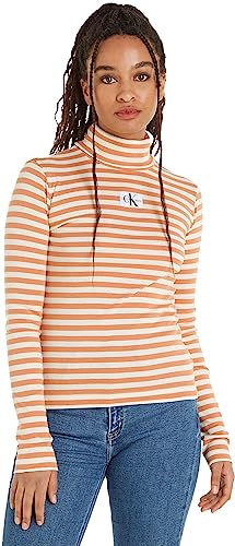 Calvin Klein Jeans Damen Langarmshirt Striped Rollkragen, Mehrfarbig (Ivory / Tropical Orange), L von Calvin Klein Jeans