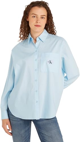 Calvin Klein Jeans Damen Hemd Woven Label Relaxed Shirt Langarm, Blau (Keepsake Blue), L von Calvin Klein Jeans