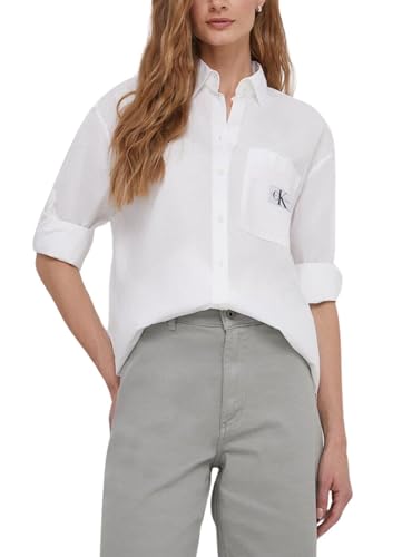Calvin Klein Jeans Damen Hemd Woven Label Relaxed Shirt Langarm, Weiß (Bright White), M von Calvin Klein Jeans