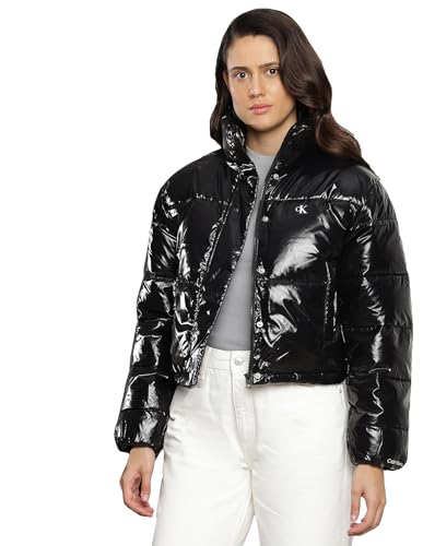 Calvin Klein Jeans Damen Jacke Cropped Shiny Puffer Winterjacke, Schwarz (Ck Black), L von Calvin Klein Jeans