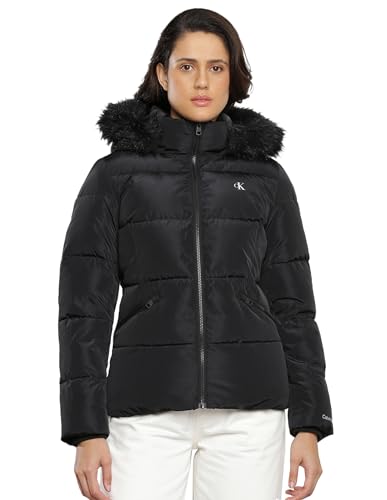 Calvin Klein Jeans Damen Jacke Faux Fur Hooded Fitted Short Winterjacke, Schwarz (Ck Black), XL von Calvin Klein Jeans