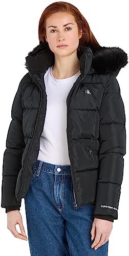 Calvin Klein Jeans Damen Jacke Faux Fur Hooded Fitted Short Winterjacke, Schwarz (Ck Black), XXL von Calvin Klein Jeans