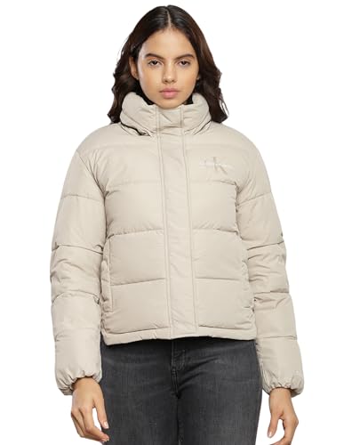 Calvin Klein Jeans Damen Jacke Monologo Short Puffer Winterjacke, Beige (Plaza Taupe), S von Calvin Klein Jeans