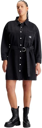 Calvin Klein Jeans Damen Jeanskleid Belted Denim Shirt Dress Plus Langarm, Schwarz (Denim Black), 3XL von Calvin Klein Jeans