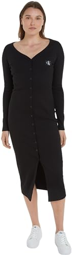 Calvin Klein Jeans Damen Kleid Label Long Sleeve Rib Dress Langarm, Schwarz (Ck Black), XS von Calvin Klein Jeans