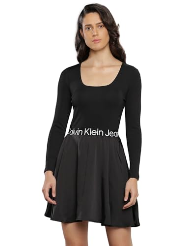 Calvin Klein Jeans Damen Kleid Logo Elastic Langarm, Schwarz (Ck Black), XXS von Calvin Klein Jeans