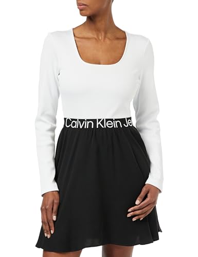 Calvin Klein Jeans Damen Kleid Logo Elastic Long Sleeve Dress Langarm, Mehrfarbig (Bright White / Ck Black), L von Calvin Klein Jeans