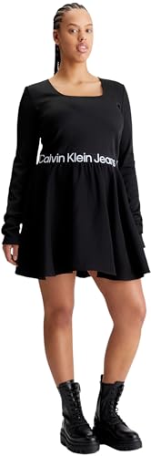 Calvin Klein Jeans Damen Kleid Plus Logo Elastic Ls Dress Langarm, Schwarz (Ck Black), 1XL von Calvin Klein Jeans